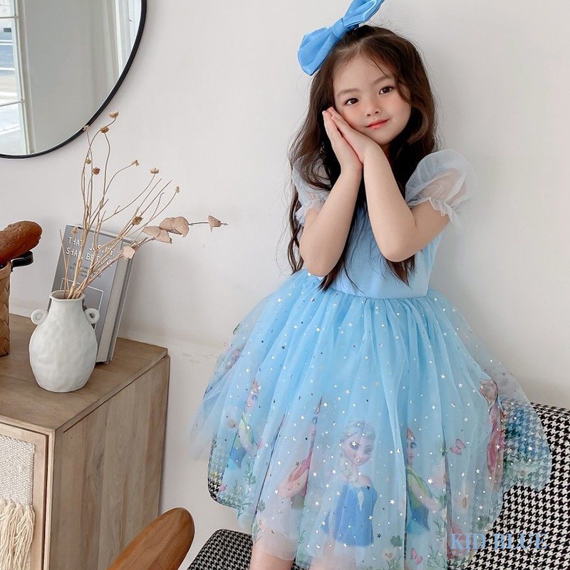 Đầm Lưới Tay Ngắn In Họa Tiết Hoạt Hình Phong Cách Hàn Quốc Thời Trang Xuân Hè Xinh Xắn Cho Bé Gái