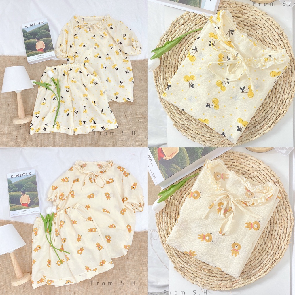 [ ẢNH THẬT ] Pijama xốp đũi Hàn cổ nơ dáng cộc hoạ tiết xinh xắn. Bộ ngủ nữ hoạt hình dễ thương