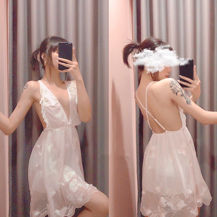Váy ngủ tiểu thư sexy xuyên thấu hai dây chéo lưng với màu trắng tinh khôi gợi cảm