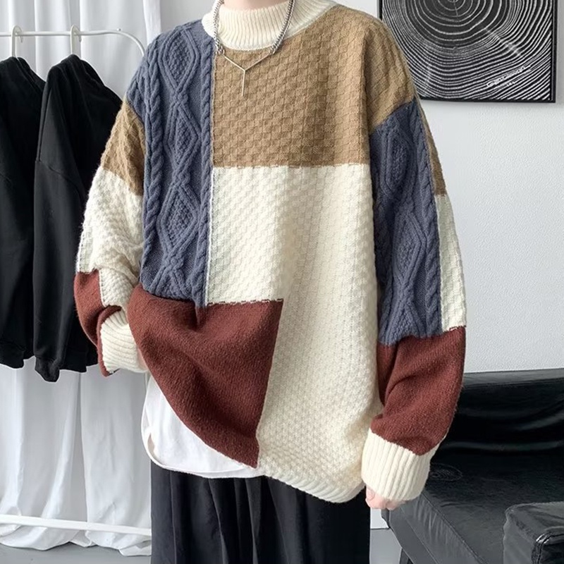 Áo sweater Dệt Kim Cổ Tròn Màu Sắc Tương Phản Phong Cách Hong Kong Cho Nam