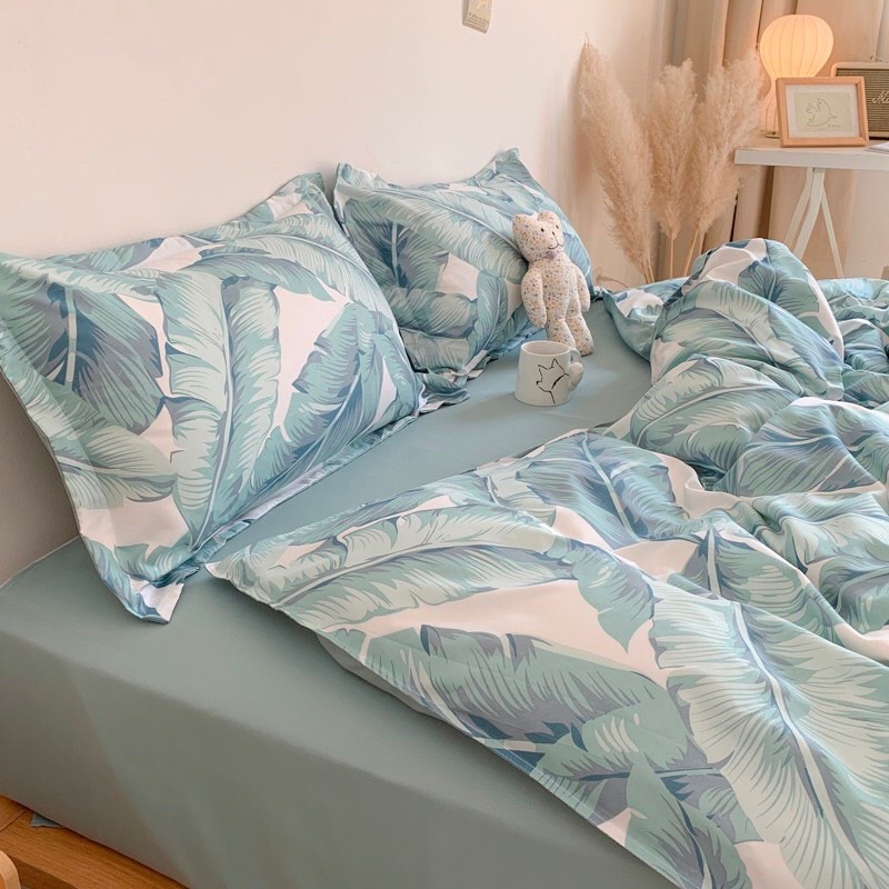 Bộ chăn ga gối cotton poly - Mẫu lá khoai xanh