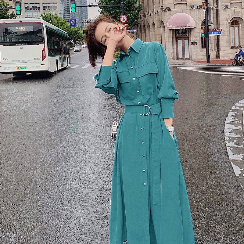 Váy sơ mi Hàn dáng dài xinh đẹp kèm đai