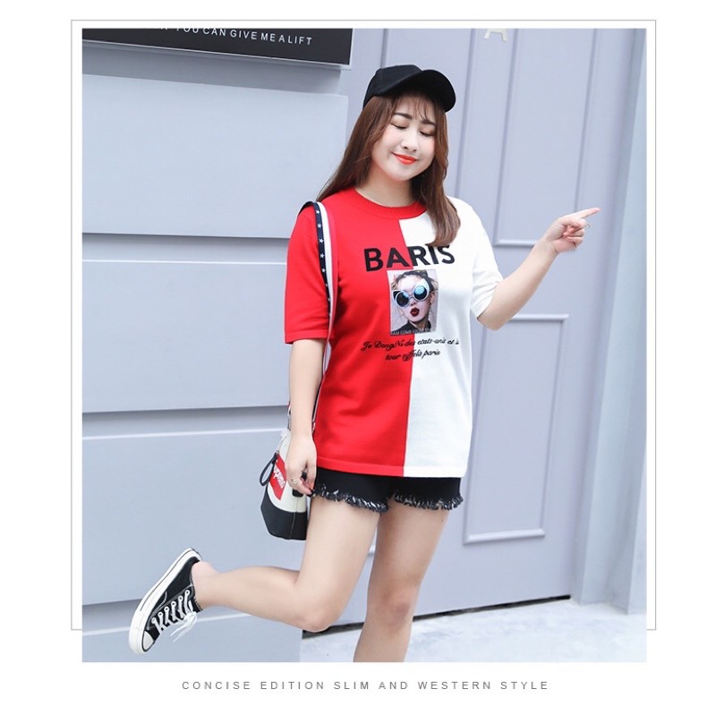 áo len thun big size phối 2 màu hình cô gái size 70-80kg