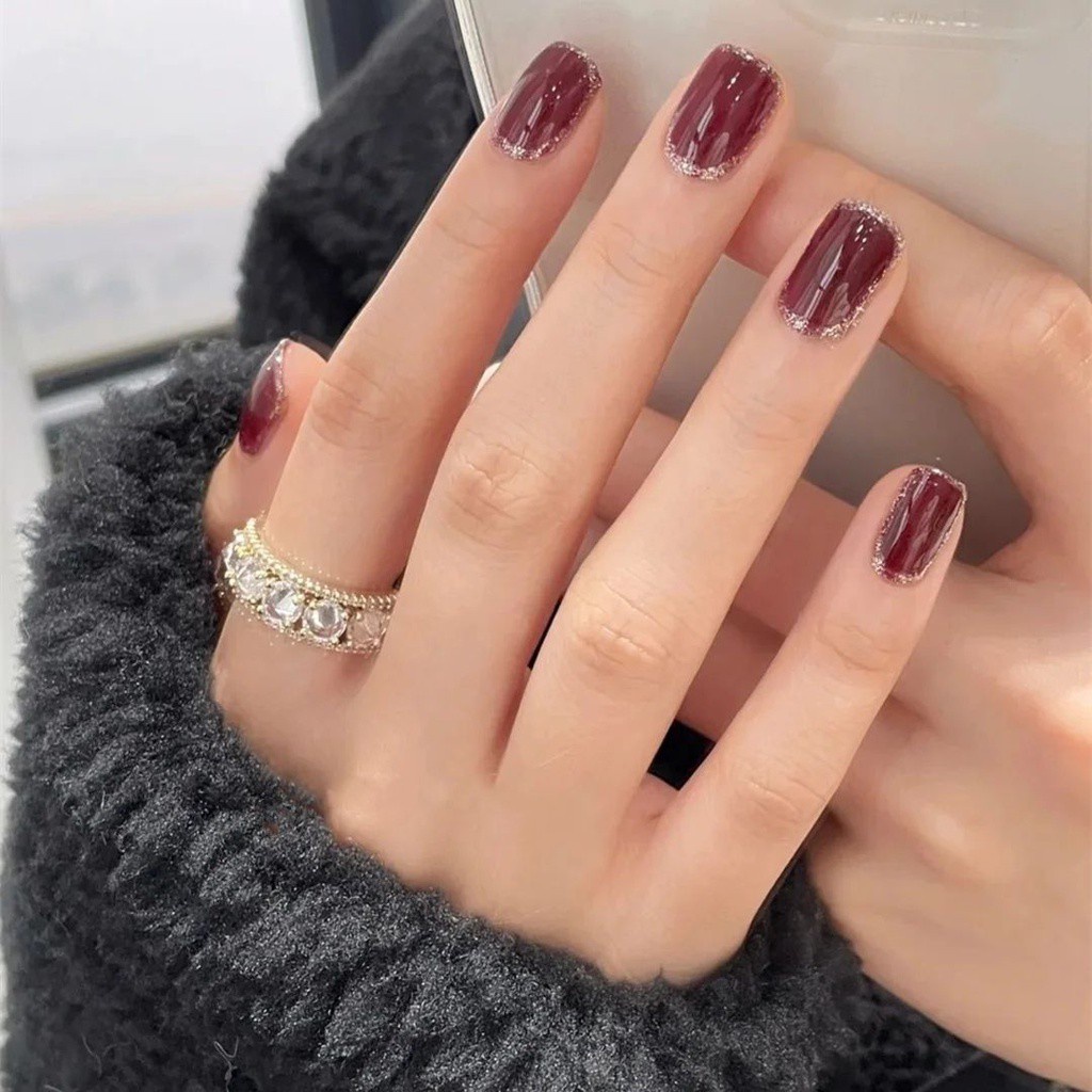 Bộ 24 Móng Tay Giả Ngắn Màu Trơn Đầu Oval Có Thể Tháo Rời