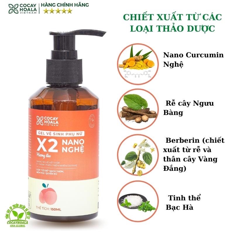 Dung dịch vệ sinh Phụ nữ Gel X2 Nano Nghệ Hương Đào Hồng Mềm Mại  Cocayhoala - 150ml