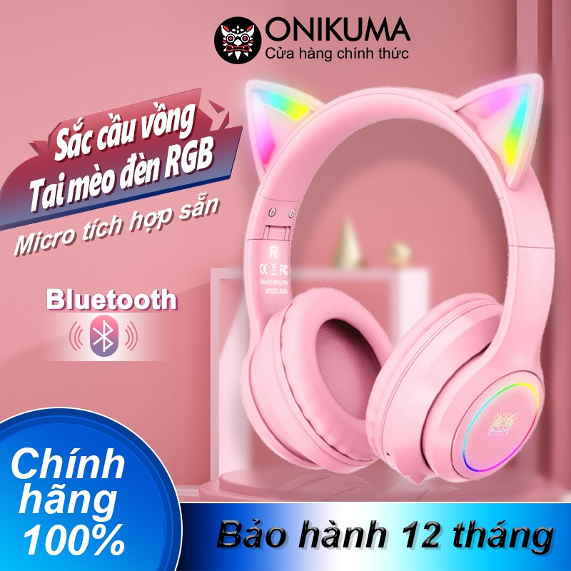 Tai nghe Chụp tai Mèo Không dây Có mic ONIKUMA B90 Màu hồng Bluetooth 5.0 Tay Headphone Gaming Có Đèn RGB, Cho PC Laptop