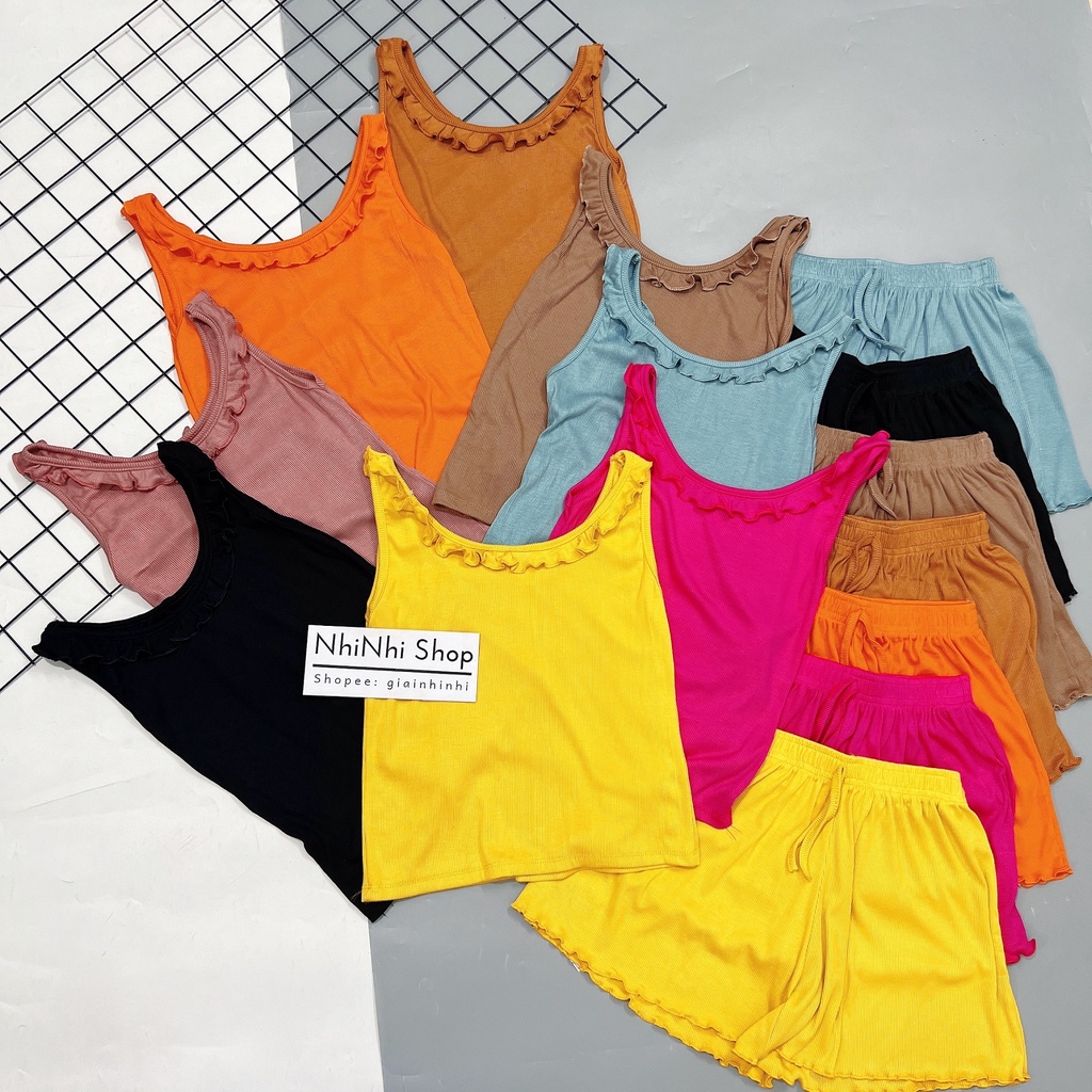 Xả hàng - Bộ ngủ hai dây viền bèo thun tăm, Sét đồ ngủ sexxy co giãn BN0085 - NhiNhi Shop