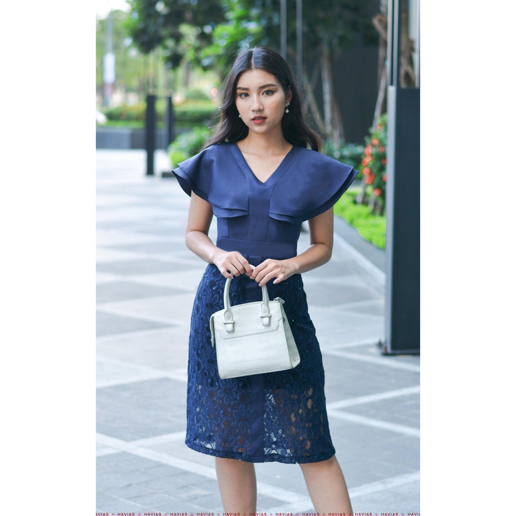 Đầm Classy Wing Sleeve Twinkle Lace Navy Dress HAVIAS