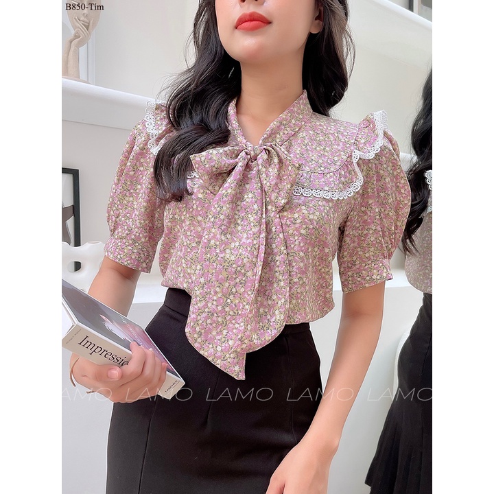 B850- Áo Kiểu nữ áo hoa cột nơ xinh xắn