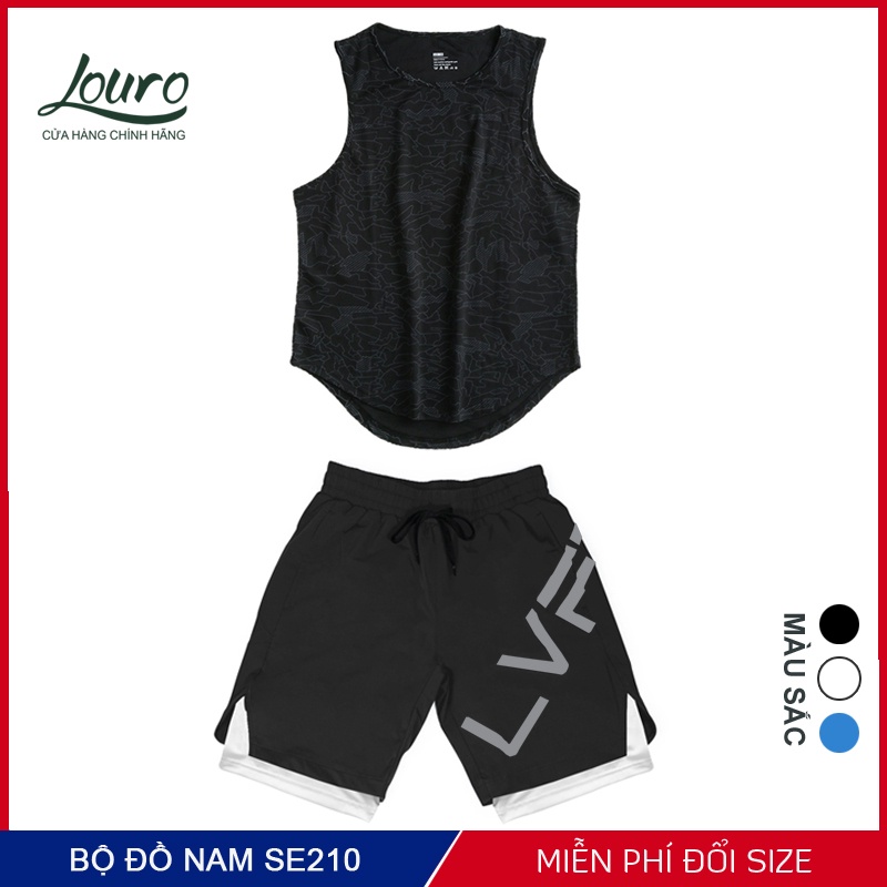 Quần áo tập gym nam Louro, kiểu áo ba lỗ nam và quần đùi 2 lớp, chất liệu cotton thun lạnh co giãn 4 chiều - SE200