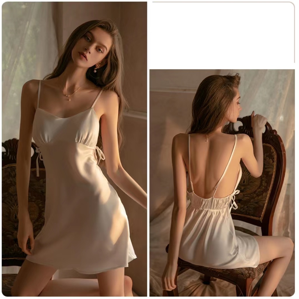（Q1,HCM）Váy/Đồ ngủ sexyhai dây cổ chữ V phối ren thời trang quyến rũ cho nữ 40-65kg---017