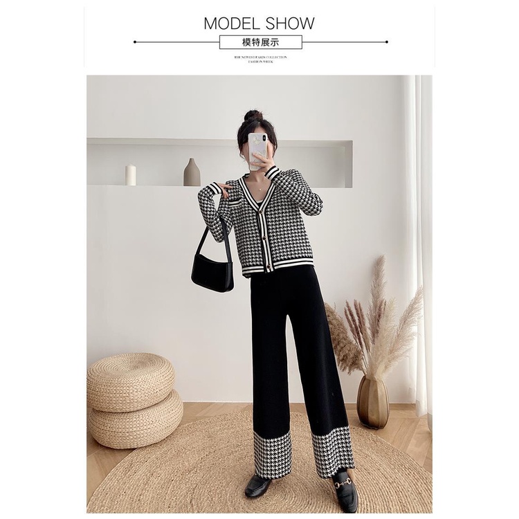 Set áo cardigan dệt kim + quần dài lưng cao ống rộng kẻ sọc thời trang mùa xuân thu kiểu Hà năng động dành cho nữ