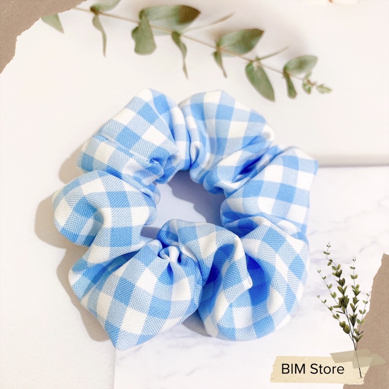 Dây buộc tóc scrunchies sọc caro dễ thương phong cách vintage phom to phồng đẹp vải dày dặn