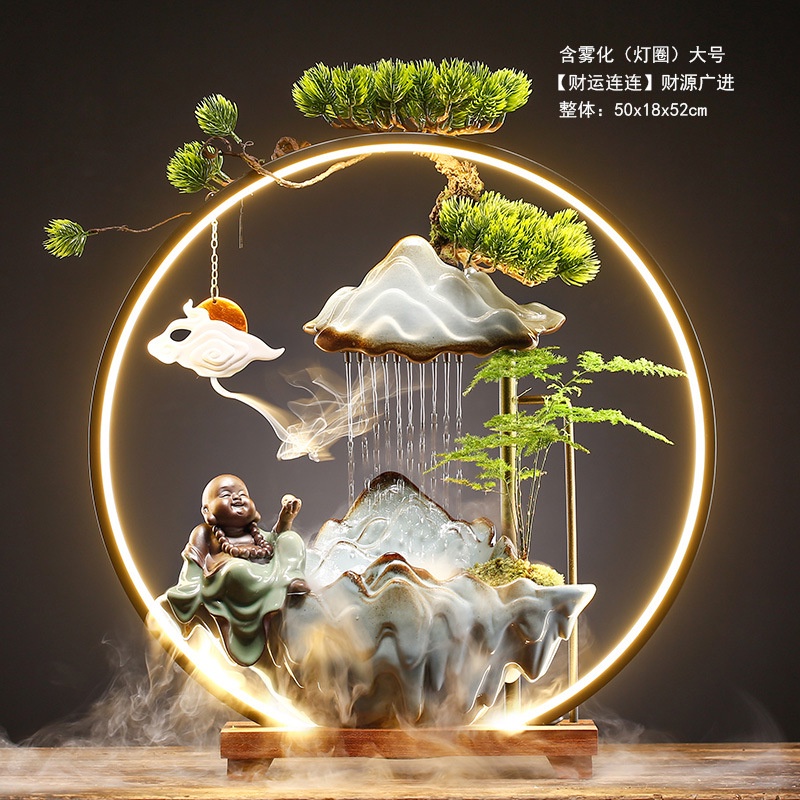 Thác Nước Phong Thủy Khói Trầm Chú Tiểu Có Vòng Đèn Led Hào Quang