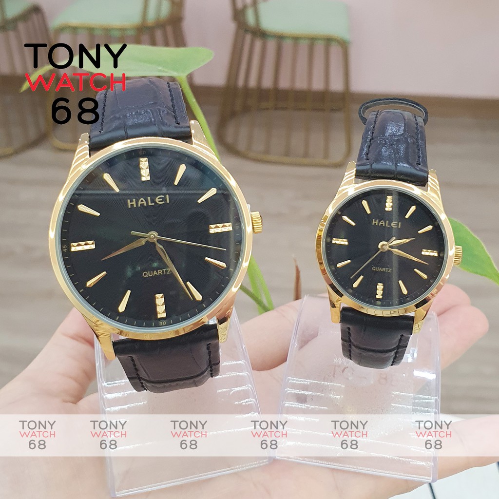 Đồng hồ cặp đôi nam nữ Halei viền vàng dây da siêu mỏng Tony Watch 68