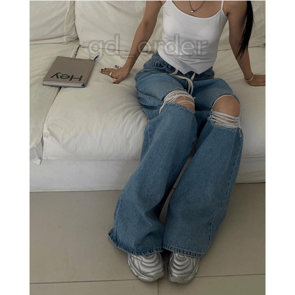 Q4|Quần jeans bò nữ thắt dây ống rộng rách gối hàn quốc basic dễ mặc đi học, đi chơi gd_order