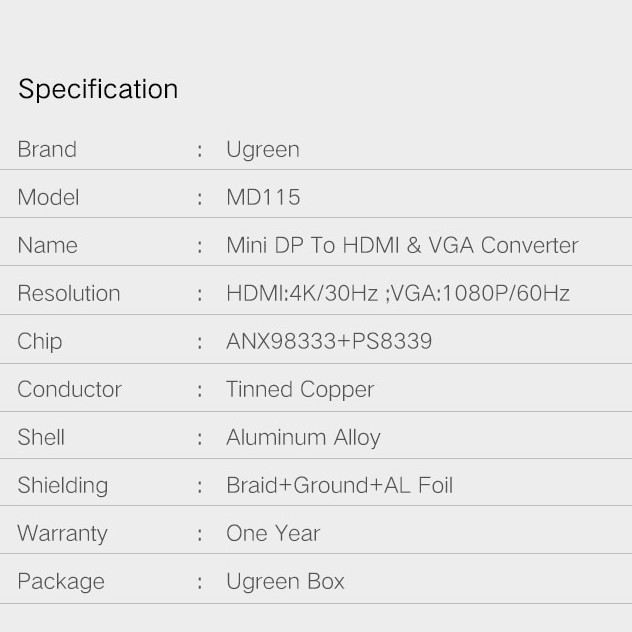 Ugreen Cáp Chuyển Đổi Mini Display Port Sang HD &amp; VGA Thunderbolt 2 Cho MacBook Surface Pro 4
