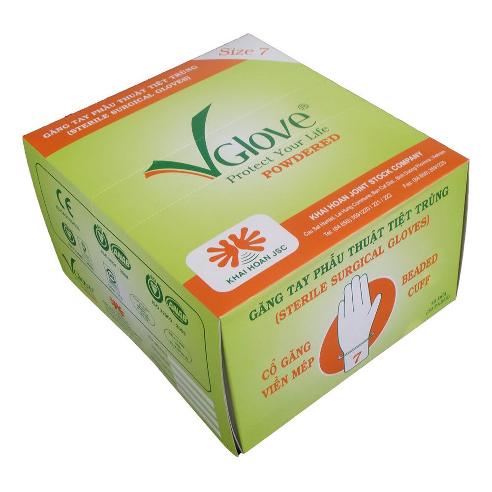 Hộp 50 đôi GĂNG TAY PHẪU THUẬT TIỆT TRÙNG VGLOVE đủ size- Găng tay vô trùng dùng trong thẩm mỹ, phòng mổ