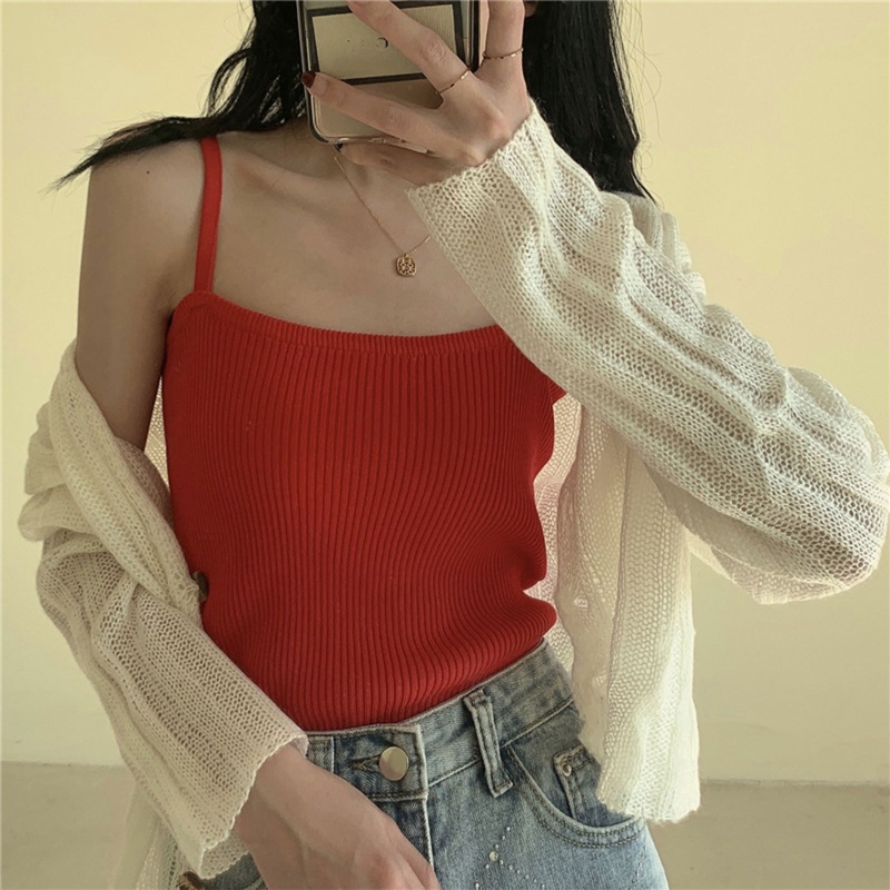 Brroa Áo Croptop Dệt Kim Lụa Lạnh Hai Dây Mỏng Màu Trơn Gợi Cảm Cho Nữ