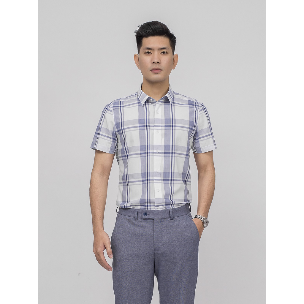 Áo Sơ Mi Nam Tay Ngắn Aristino ASS022S9 Màu Trắng Caro Xanh Nhạt  Dáng Slim Fit Vải Sợi Sồi