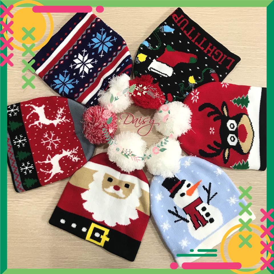 Mũ len Noel đính quả bông xinh cho các bé