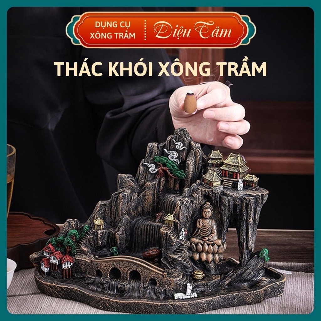 Tháp khói trầm hương phật, thác trầm hương xông nhang nụ trầm hương thay cho lư hương đốt trầm Diệu Tâm