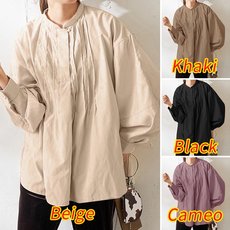 Áo kiểu ZANZEA tay dài phồng cổ tròn cài nút dáng rộng phong cách vintage thời trang dành cho nữ