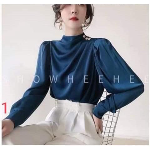 Áo Sơ Mi Nữ Gloria Shop chất lụa satin, áo đính cúc vai tay dài kiểu thời trang sếp ly vai sang trọng