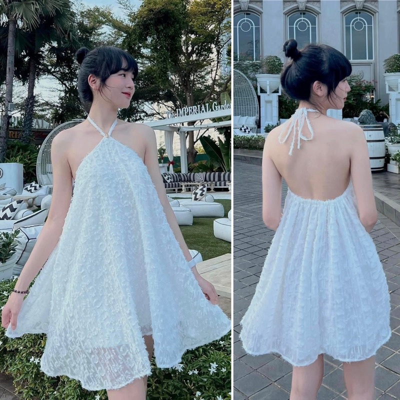 Hình chụp thật - Đầm cổ yếm ren