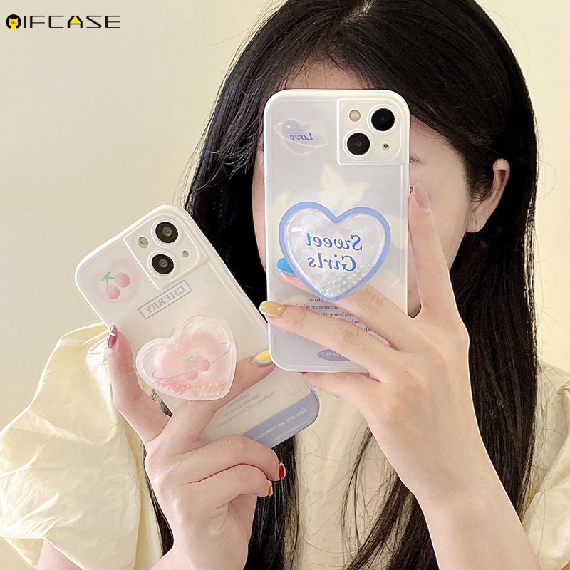 Ốp Điện Thoại Dẻo Kèm Giá Đỡ Hình Trái Tim / Bươm Bướm Màu Trắng Dễ Thương Cho iPhone 13 12 11 Pro Max