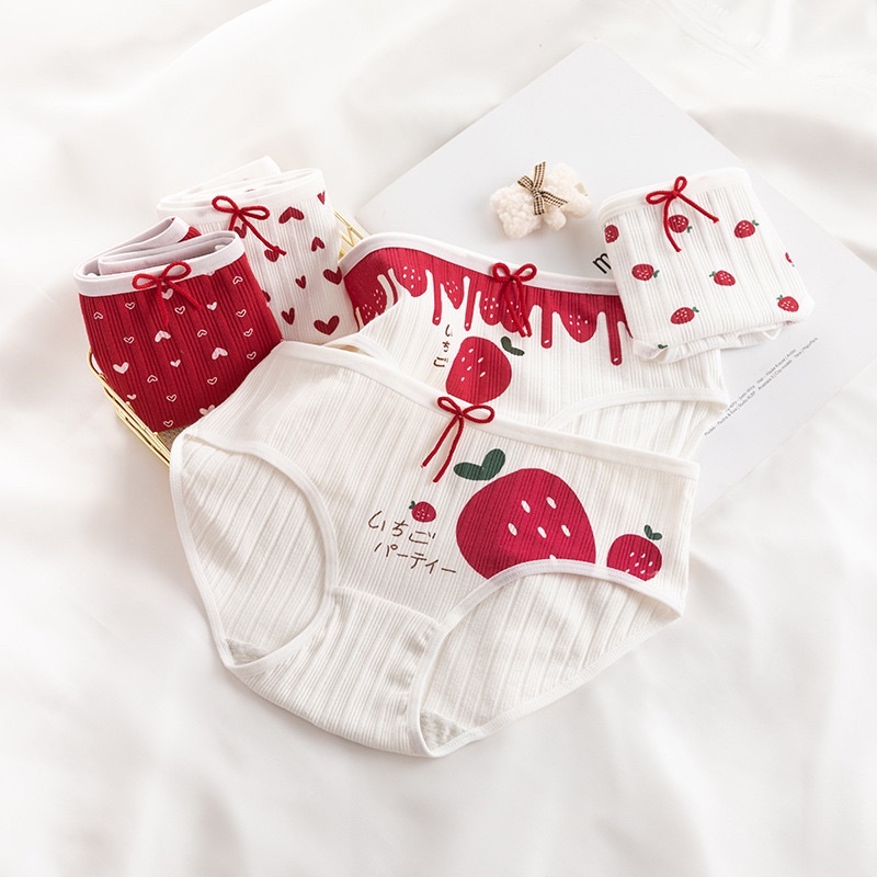 Quần Lót Cotton Tăm Tim - Dâu Đỏ Đính Nơ Mềm Mại Cute