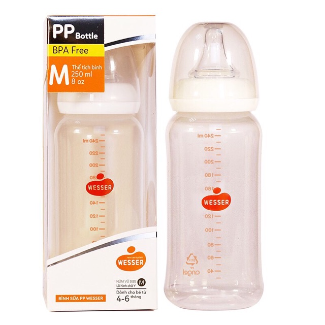 COMBO 3 BÌNH SỮA WESSER CỔ HẸP NHỰA PP FREE BPA 60ML-140ML-240ML