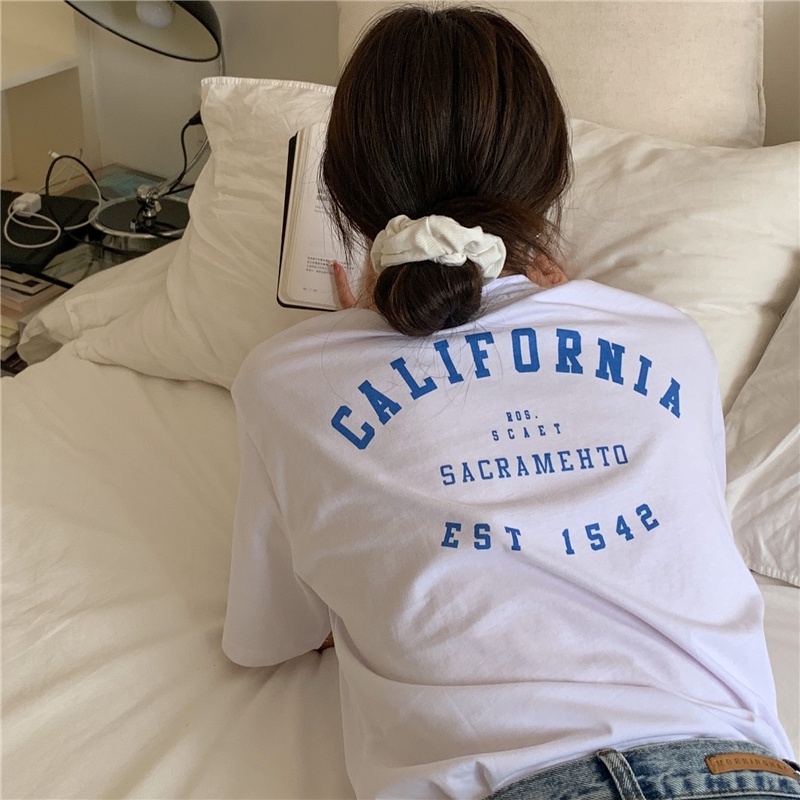 SUXI Áo thun dáng rộng tay ngắn cổ tròn in chữ phong cách retro thời trang hè cho nữ