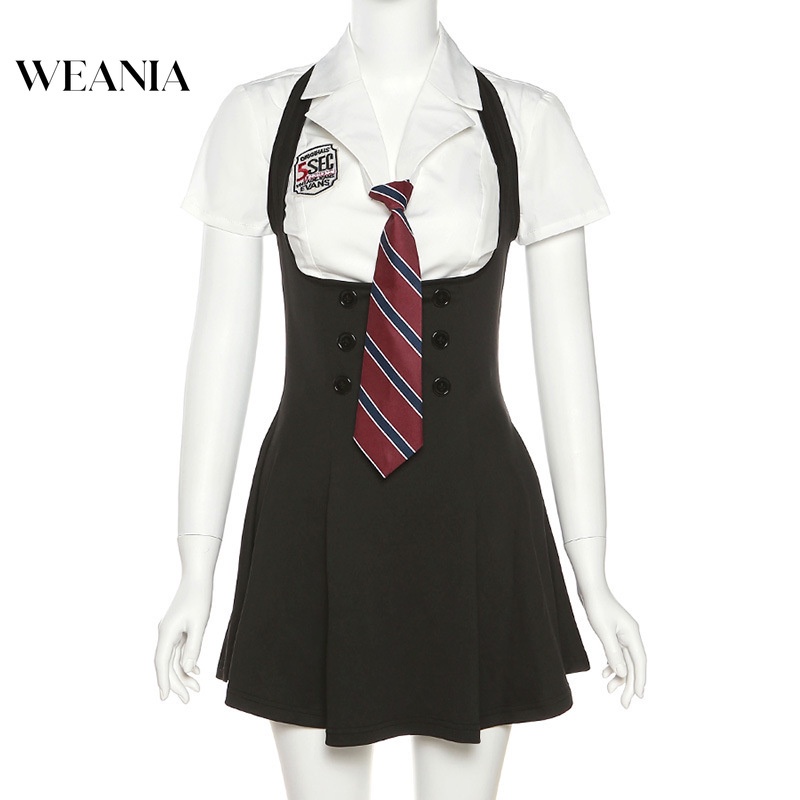 Bộ Áo Sơ Mi Cổ Polo Phối Cà Vạt + Đầm Trơn Màu 2 Món Thiết Kế Trẻ Trung Cho Nữ