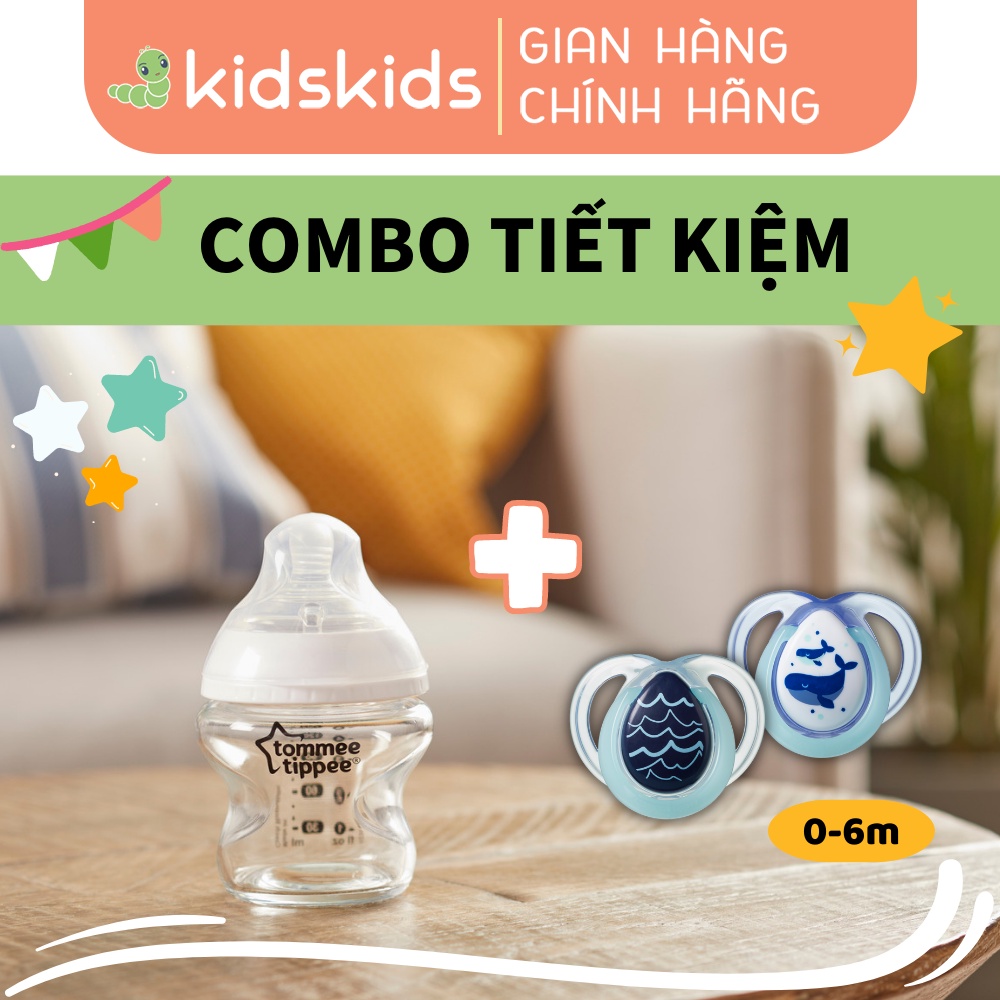 COMBO Ty ngậm dạ quang cho bé Tommee Tippee Night Time 0-6 tháng &amp; Bình sữa thủy tinh ty siêu mềm tự nhiên 150ml