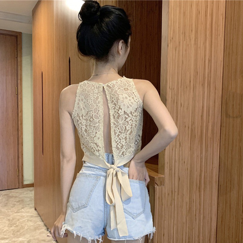 Áo sát nách phối ren hoa thiết kế hở lưng quyến rũ cho phái nữ