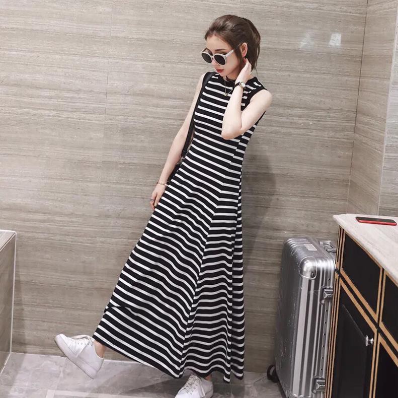 Đầm Maxi Thun Sọc Viền Bo, GIÁ SỈ RẺ NHẤT