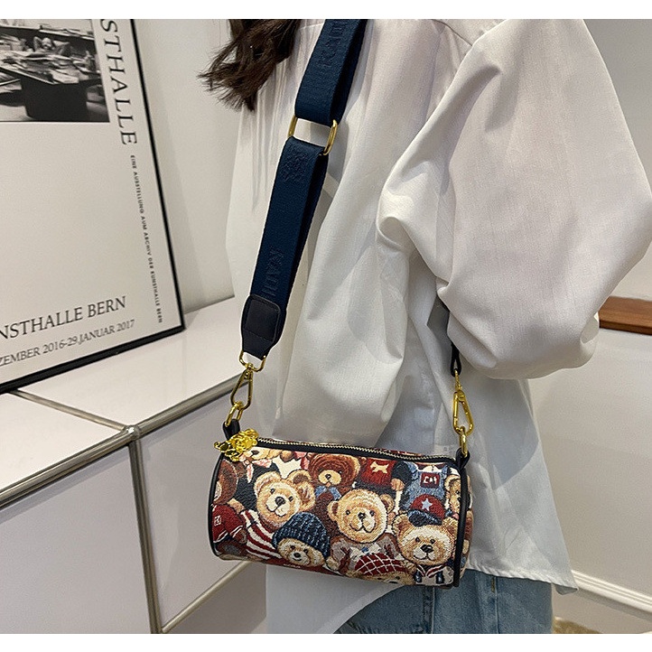 Túi đeo chéo hình tròn G01 in hình gấu dễ thương, phong cách Hàn Quốc