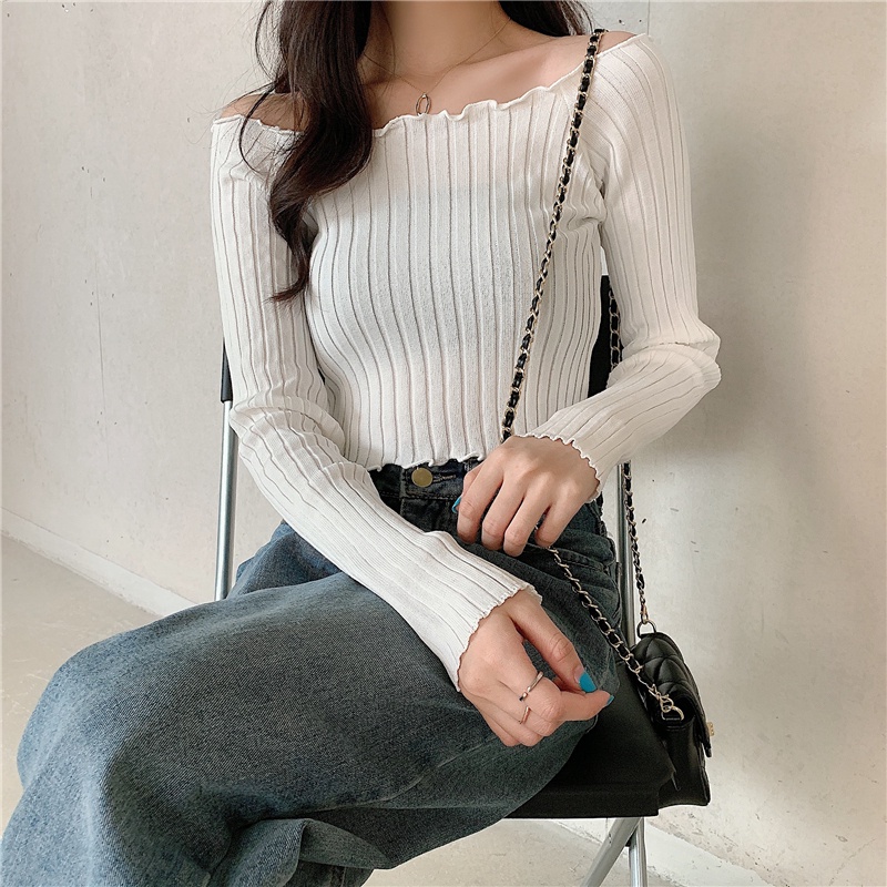 áo croptop tay dài Dệt Kim Tay Dài Trễ Vai Thiết Kế Ôm Sát Quyến Rũ