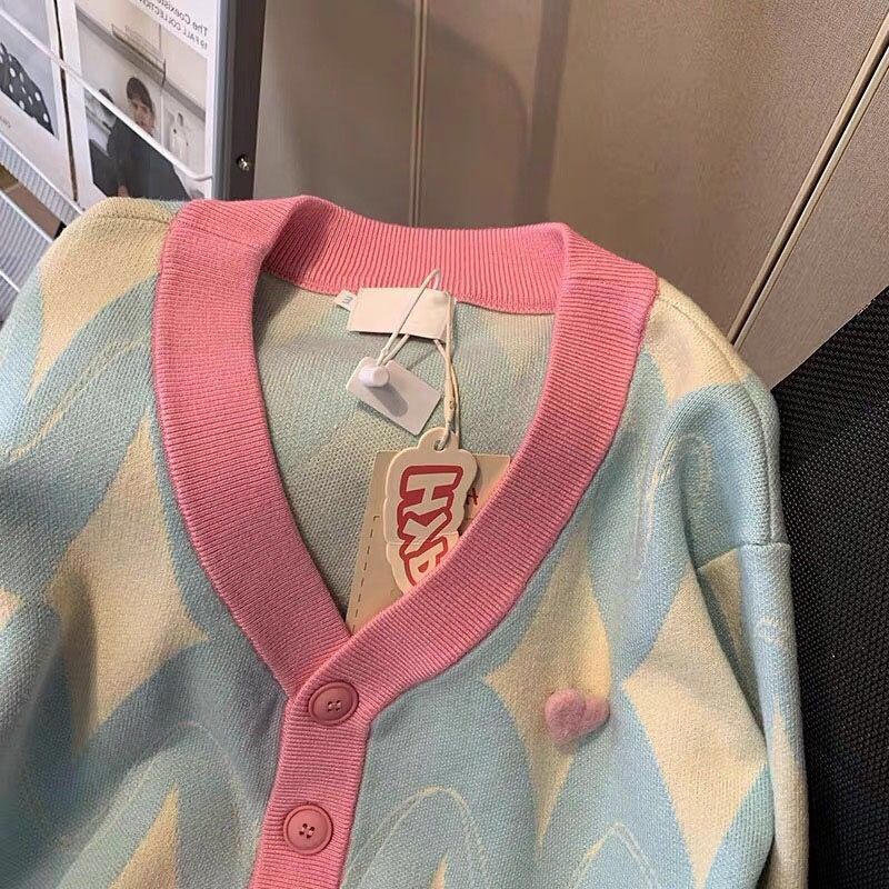 Áo khoác cardigan Pure Cube họa tiết hình thoi màu sắc tương phản thời trang thu đông phong cách Hàn Quốc cao cấp cho nữ