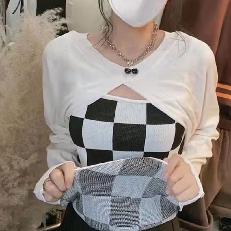 Bộ áo sweater dệt kim YEYA hai dây sọc caro + áo dài tay thời trang cao cấp cho nữ