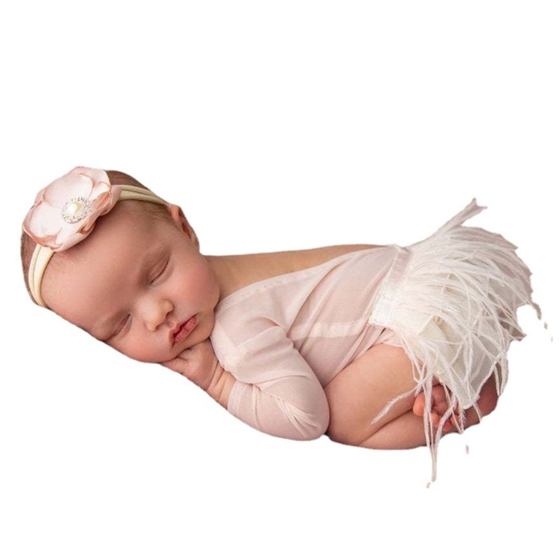 Bộ Áo Liền Quần Phối Ren Hoa + Băng Đô Xinh Xắn Cho Bé Sơ Sinh Chụp Ảnh