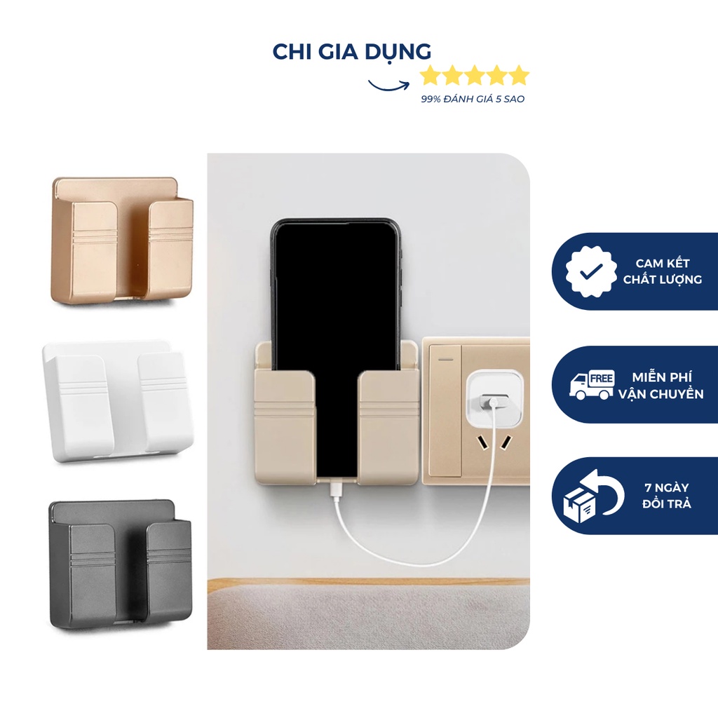 Kệ Dán Tường Để Remote, Đồ Dùng/ Giá Đỡ Sạc Điện Thoại - Có Móc Treo Giữ Dây Điện