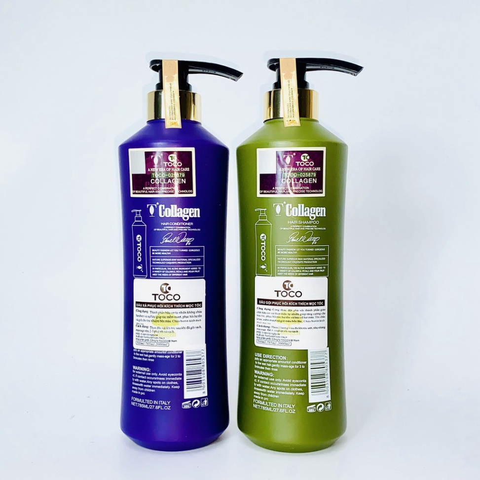 Cặp dầu gội dầu xả COLLAGEN TOCO Italia 785ML CHÍNH HÃNG – Phục hồi, kích thích mọc tóc, mềm mượt