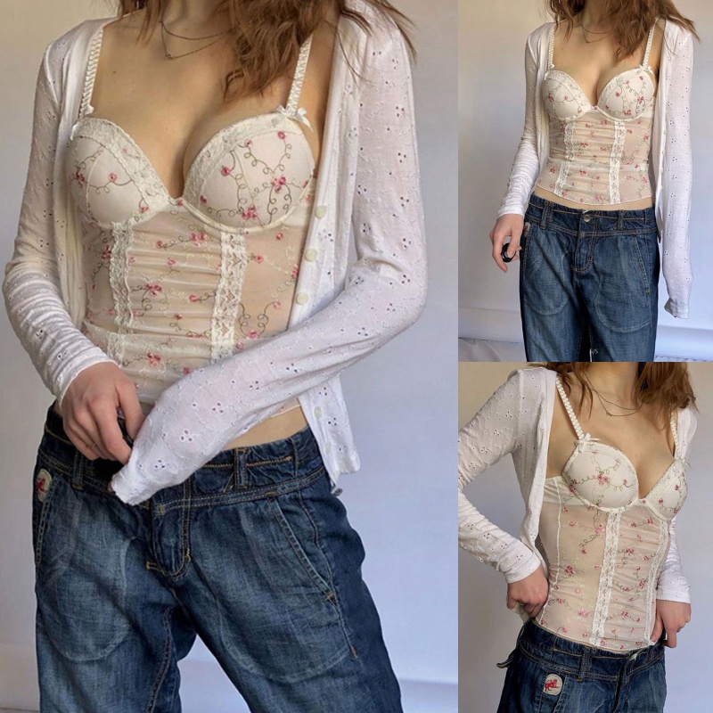 Xiangbao Áo Tank Top Hai Dây Phối Lưới Mỏng Họa Tiết Hoa Có Đệm Ngực Cho Nữ