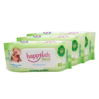 Combo 3 Khăn giấy ướt Happy kids Nano không mùi 80 tờ một gói - Xanh