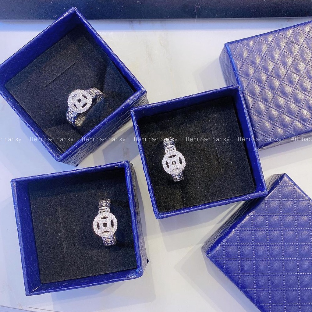 Nhẫn kim tiền bạc PANSY mặt đồng xu đính đá, nhẫn nữ ý nghĩa tài lộc may mắn bằng bạc ta thật