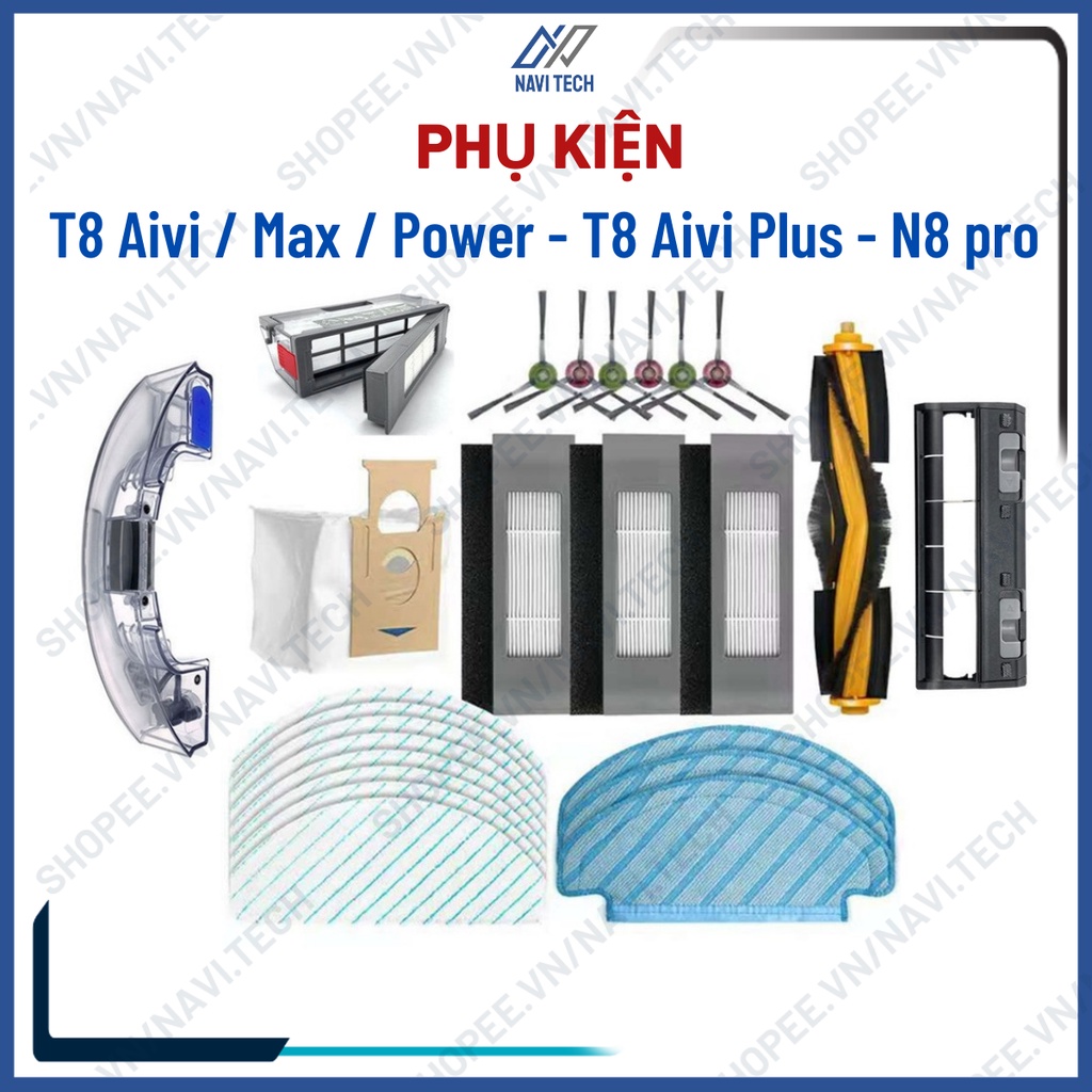 Phụ kiện khăn, chổi cạnh, chổi chính, chổi giữa, lọc bụi Robot Ecovacs Deebot T8 Aivi, Power, Max, T8 Aivi Plus, N8 Pro