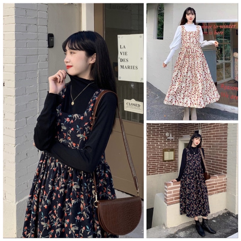 Váy xoè babydoll hoa nhí thắt nơ lưng xinh dịu dàng 🌷Váy yếm hai dây hoa nhí vintage🌷