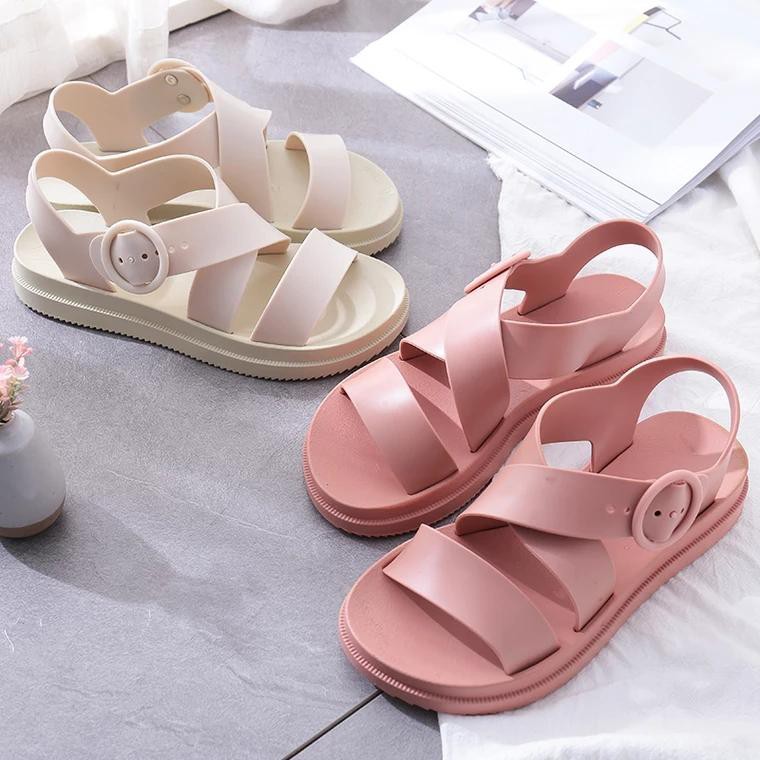 Giày Sandal Nữ Nhựa Dẻo Đi Mưa Hapu Quai Chéo Mang êm chân (Đen, Hồng, Kem) - GL008